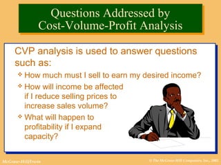 © The McGraw-Hill Companies, Inc., 2002McGraw-Hill/Irwin
CVP analysis is used to answer questions
such as:
 How much must I sell to earn my desired income?
 How will income be affected
if I reduce selling prices to
increase sales volume?
 What will happen to
profitability if I expand
capacity?
CVP analysis is used to answer questions
such as:
 How much must I sell to earn my desired income?
 How will income be affected
if I reduce selling prices to
increase sales volume?
 What will happen to
profitability if I expand
capacity?
Questions Addressed by
Cost-Volume-Profit Analysis
Questions Addressed by
Cost-Volume-Profit Analysis
 