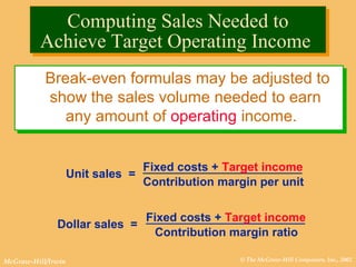 © The McGraw-Hill Companies, Inc., 2002McGraw-Hill/Irwin
Break-even formulas may be adjusted to
show the sales volume needed to earn
any amount of operating income.
Break-even formulas may be adjusted to
show the sales volume needed to earn
any amount of operating income.
Unit sales =
Fixed costs + Target income
Contribution margin per unit
Dollar sales =
Fixed costs + Target income
Contribution margin ratio
Computing Sales Needed to
Achieve Target Operating Income
Computing Sales Needed to
Achieve Target Operating Income
 