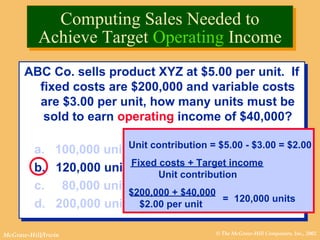 © The McGraw-Hill Companies, Inc., 2002McGraw-Hill/Irwin
ABC Co. sells product XYZ at $5.00 per unit. If
fixed costs are $200,000 and variable costs
are $3.00 per unit, how many units must be
sold to earn operating income of $40,000?
a. 100,000 units
b. 120,000 units
c. 80,000 units
d. 200,000 units
ABC Co. sells product XYZ at $5.00 per unit. If
fixed costs are $200,000 and variable costs
are $3.00 per unit, how many units must be
sold to earn operating income of $40,000?
a. 100,000 units
b. 120,000 units
c. 80,000 units
d. 200,000 units = 120,000 units
Unit contribution = $5.00 - $3.00 = $2.00
Fixed costs + Target income
Unit contribution
$200,000 + $40,000
$2.00 per unit
Computing Sales Needed to
Achieve Target Operating Income
Computing Sales Needed to
Achieve Target Operating Income
 
