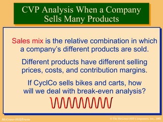 © The McGraw-Hill Companies, Inc., 2002McGraw-Hill/Irwin
Sales mix is the relative combination in which
a company’s different products are sold.
Different products have different selling
prices, costs, and contribution margins.
If CyclCo sells bikes and carts, how
will we deal with break-even analysis?
Sales mix is the relative combination in which
a company’s different products are sold.
Different products have different selling
prices, costs, and contribution margins.
If CyclCo sells bikes and carts, how
will we deal with break-even analysis?
CVP Analysis When a Company
Sells Many Products
CVP Analysis When a Company
Sells Many Products
 