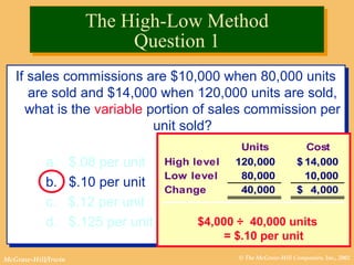© The McGraw-Hill Companies, Inc., 2002McGraw-Hill/Irwin
If sales commissions are $10,000 when 80,000 units
are sold and $14,000 when 120,000 units are sold,
what is the variable portion of sales commission per
unit sold?
a. $.08 per unit
b. $.10 per unit
c. $.12 per unit
d. $.125 per unit
If sales commissions are $10,000 when 80,000 units
are sold and $14,000 when 120,000 units are sold,
what is the variable portion of sales commission per
unit sold?
a. $.08 per unit
b. $.10 per unit
c. $.12 per unit
d. $.125 per unit $4,000 ÷ 40,000 units
= $.10 per unit
Units Cost
High level 120,000 14,000$
Low level 80,000 10,000
Change 40,000 4,000$
The High-Low Method
Question 1
The High-Low Method
Question 1
 