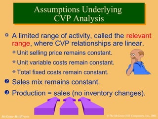 © The McGraw-Hill Companies, Inc., 2002McGraw-Hill/Irwin
 A limited range of activity, called the relevant
range, where CVP relationships are linear.
 Unit selling price remains constant.
 Unit variable costs remain constant.
 Total fixed costs remain constant.
 Sales mix remains constant.
 Production = sales (no inventory changes).
Assumptions Underlying
CVP Analysis
Assumptions Underlying
CVP Analysis
 