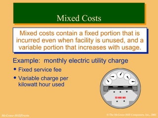 © The McGraw-Hill Companies, Inc., 2002McGraw-Hill/Irwin
Mixed costs contain a fixed portion that is
incurred even when facility is unused, and a
variable portion that increases with usage.
Example: monthly electric utility charge
 Fixed service fee
 Variable charge per
kilowatt hour used
Mixed CostsMixed Costs
 
