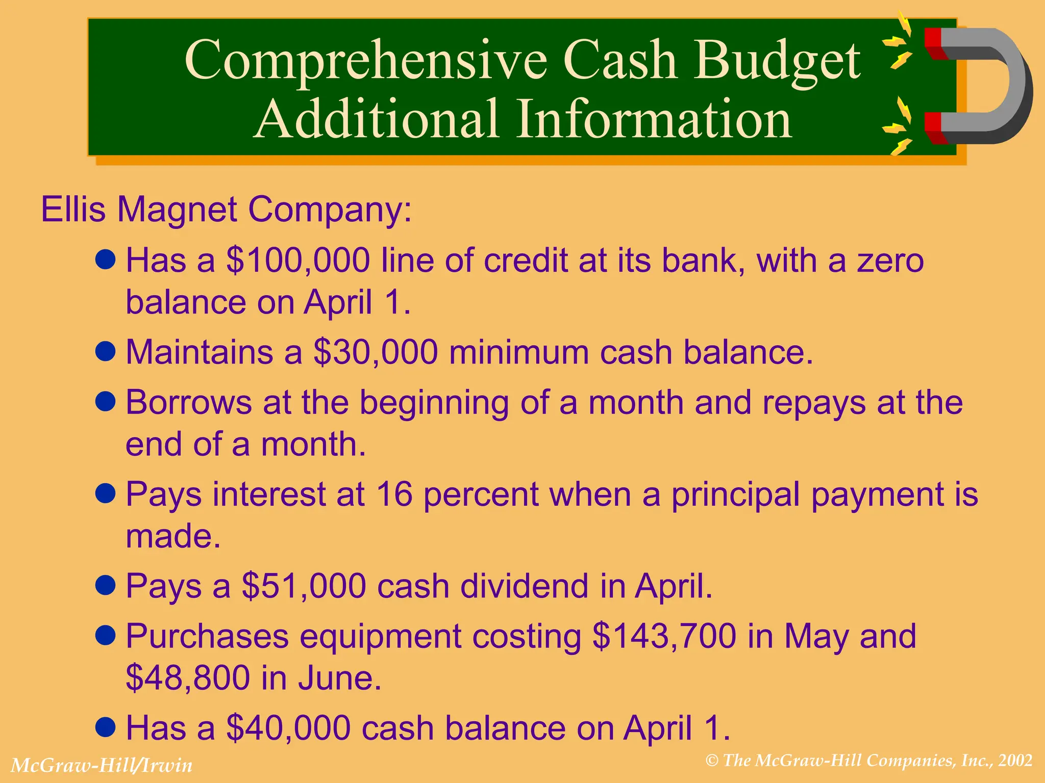© The McGraw-Hill Companies, Inc., 2002
McGraw-Hill/Irwin
Ellis Magnet Company:
 Has a $100,000 line of credit at its bank, with a zero
balance on April 1.
 Maintains a $30,000 minimum cash balance.
 Borrows at the beginning of a month and repays at the
end of a month.
 Pays interest at 16 percent when a principal payment is
made.
 Pays a $51,000 cash dividend in April.
 Purchases equipment costing $143,700 in May and
$48,800 in June.
 Has a $40,000 cash balance on April 1.
Comprehensive Cash Budget
Additional Information
 