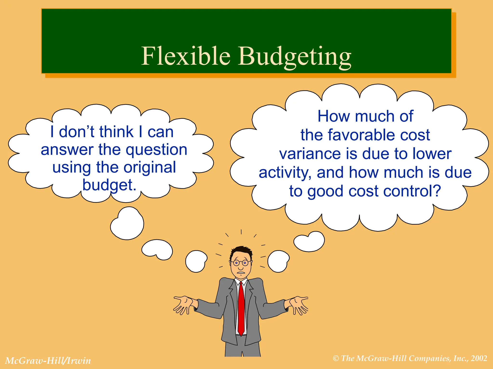 © The McGraw-Hill Companies, Inc., 2002
McGraw-Hill/Irwin
I don’t think I can
answer the question
using the original
budget.
How much of
the favorable cost
variance is due to lower
activity, and how much is due
to good cost control?
Flexible Budgeting
 