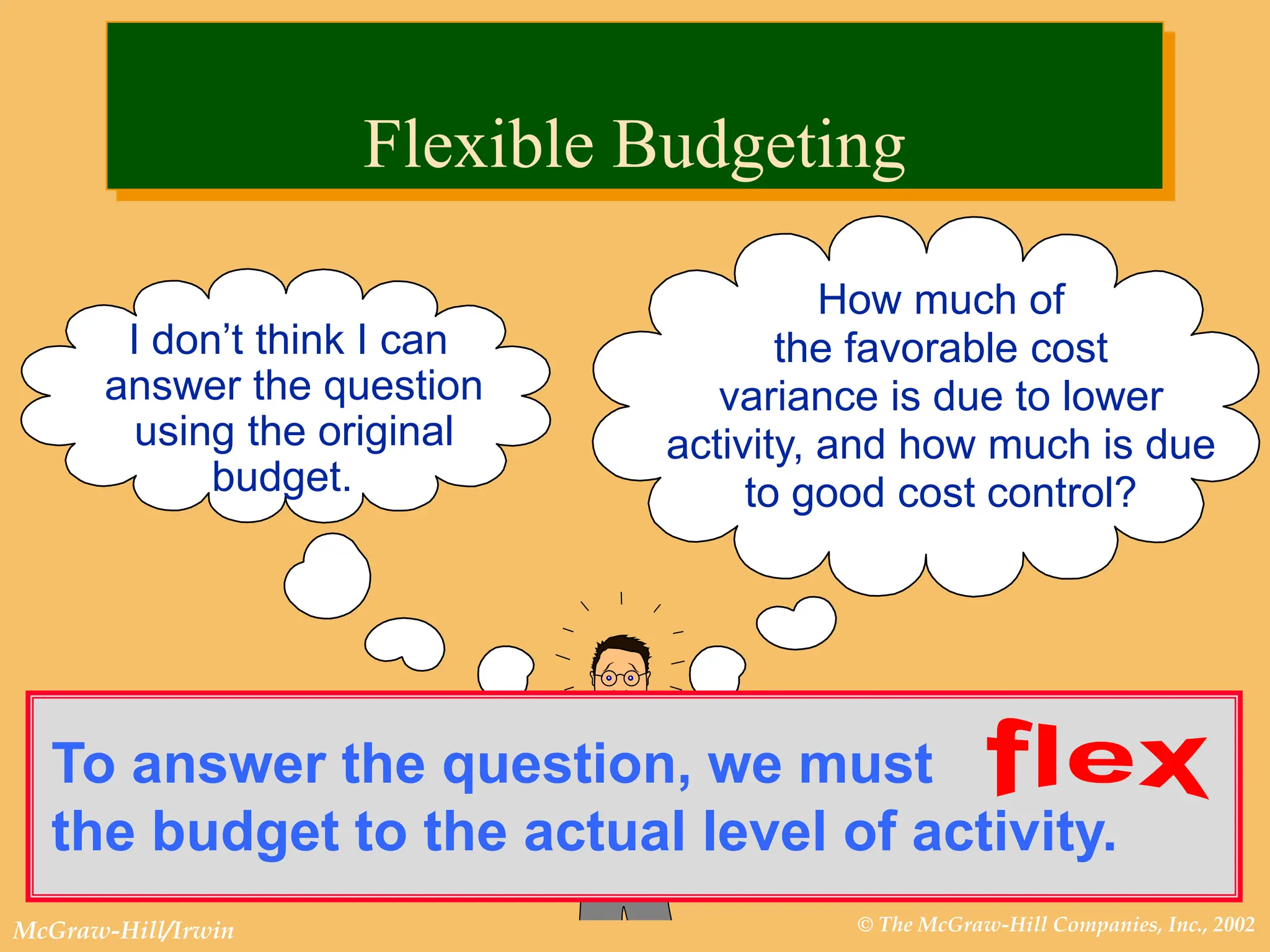 © The McGraw-Hill Companies, Inc., 2002
McGraw-Hill/Irwin
Flexible Budgeting
I don’t think I can
answer the question
using the original
budget.
How much of
the favorable cost
variance is due to lower
activity, and how much is due
to good cost control?
To answer the question, we must
the budget to the actual level of activity.
 