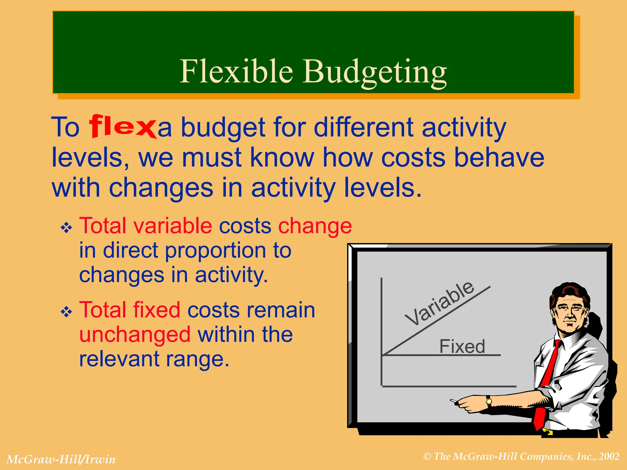 © The McGraw-Hill Companies, Inc., 2002
McGraw-Hill/Irwin
To a budget for different activity
levels, we must know how costs behave
with changes in activity levels.
 Total variable costs change
in direct proportion to
changes in activity.
 Total fixed costs remain
unchanged within the
relevant range.
Fixed
Flexible Budgeting
 