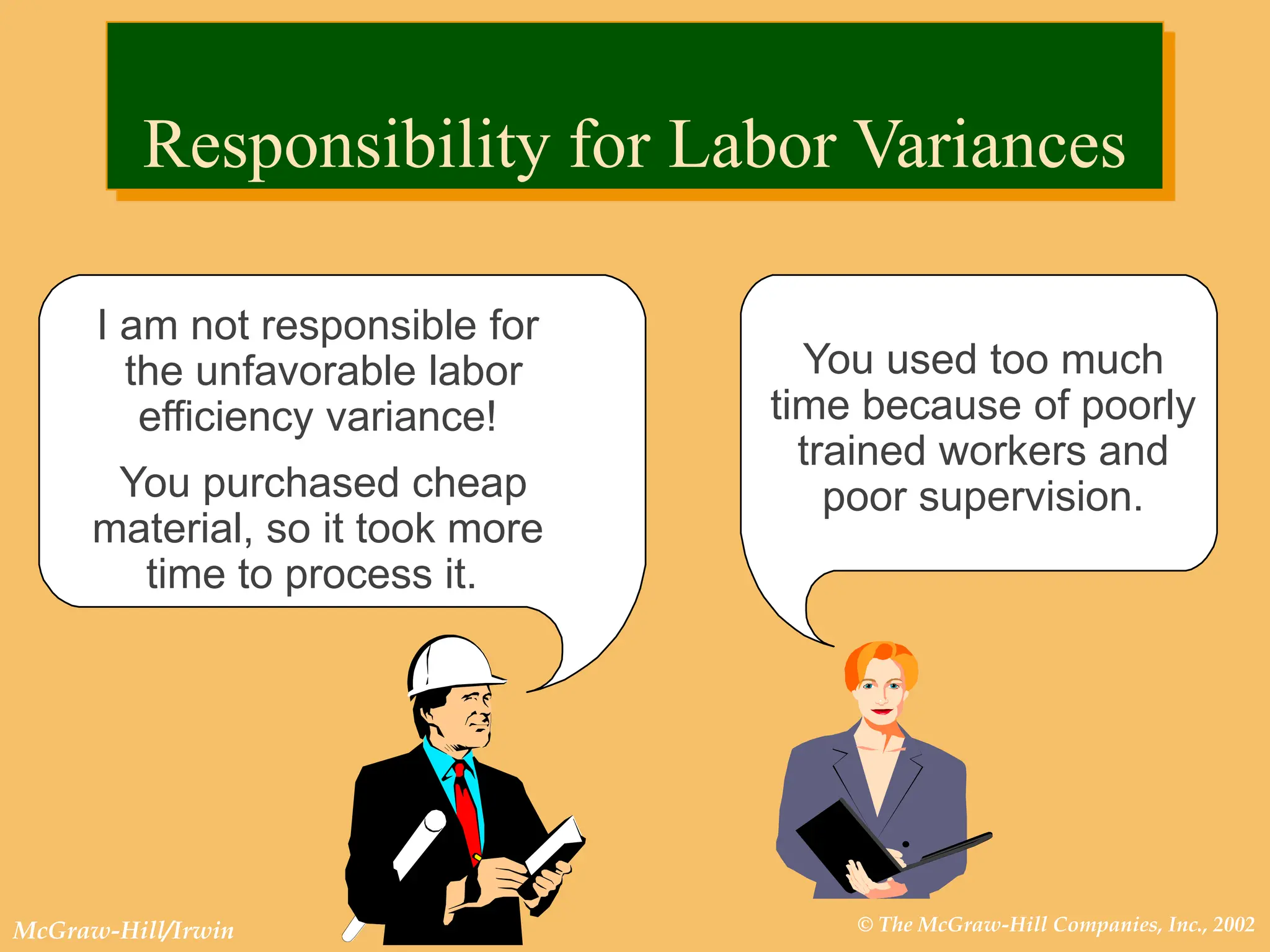 © The McGraw-Hill Companies, Inc., 2002
McGraw-Hill/Irwin
I am not responsible for
the unfavorable labor
efficiency variance!
You purchased cheap
material, so it took more
time to process it.
You used too much
time because of poorly
trained workers and
poor supervision.
Responsibility for Labor Variances
 