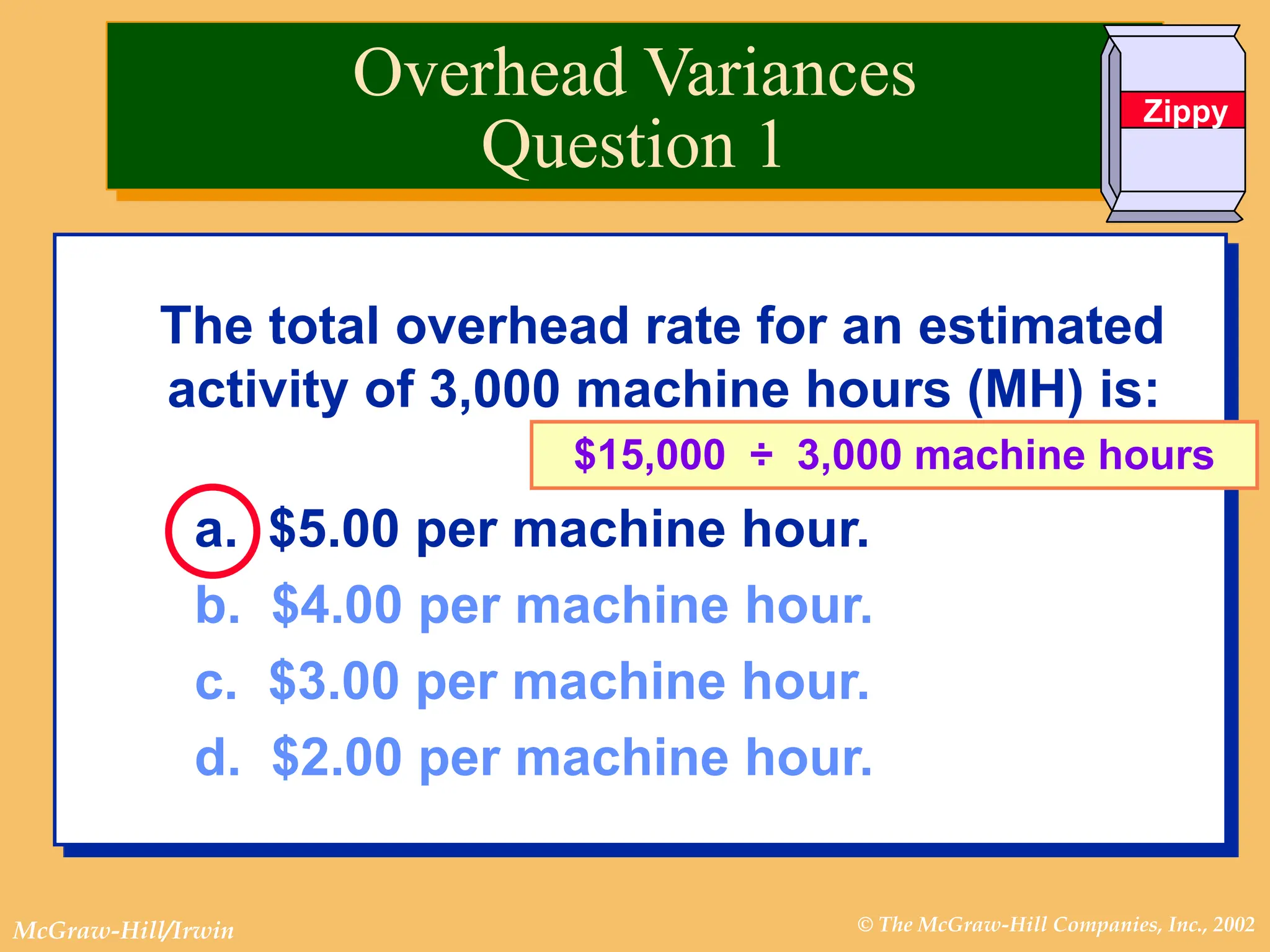 © The McGraw-Hill Companies, Inc., 2002
McGraw-Hill/Irwin
The total overhead rate for an estimated
activity of 3,000 machine hours (MH) is:
a. $5.00 per machine hour.
b. $4.00 per machine hour.
c. $3.00 per machine hour.
d. $2.00 per machine hour.
$15,000 ÷ 3,000 machine hours
Overhead Variances
Question 1
Zippy
 