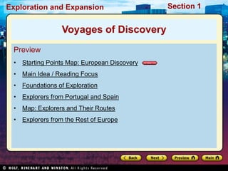 Exploration and Expansion Section 1
Preview
• Starting Points Map: European Discovery
• Main Idea / Reading Focus
• Foundations of Exploration
• Explorers from Portugal and Spain
• Map: Explorers and Their Routes
• Explorers from the Rest of Europe
Voyages of Discovery
 