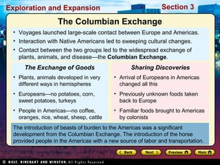Exploration and Expansion Section 3
The introduction of beasts of burden to the Americas was a significant
development from the Columbian Exchange. The introduction of the horse
provided people in the Americas with a new source of labor and transportation.
• Voyages launched large-scale contact between Europe and Americas.
• Interaction with Native Americans led to sweeping cultural changes.
• Contact between the two groups led to the widespread exchange of
plants, animals, and disease—the Columbian Exchange.
• Plants, animals developed in very
different ways in hemispheres
• Europeans—no potatoes, corn,
sweet potatoes, turkeys
• People in Americas—no coffee,
oranges, rice, wheat, sheep, cattle
The Exchange of Goods
The Columbian Exchange
• Arrival of Europeans in Americas
changed all this
• Previously unknown foods taken
back to Europe
• Familiar foods brought to Americas
by colonists
Sharing Discoveries
 