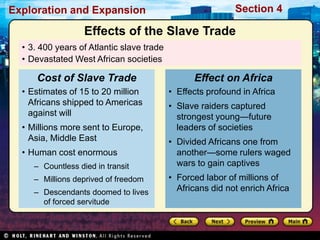 Exploration and Expansion Section 4
• 3. 400 years of Atlantic slave trade
• Devastated West African societies
• Estimates of 15 to 20 million
Africans shipped to Americas
against will
• Millions more sent to Europe,
Asia, Middle East
• Human cost enormous
– Countless died in transit
– Millions deprived of freedom
– Descendants doomed to lives
of forced servitude
Cost of Slave Trade
• Effects profound in Africa
• Slave raiders captured
strongest young—future
leaders of societies
• Divided Africans one from
another—some rulers waged
wars to gain captives
• Forced labor of millions of
Africans did not enrich Africa
Effect on Africa
Effects of the Slave Trade
 