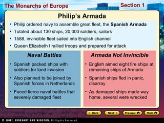 The Monarchs of Europe Section 1
• Philip ordered navy to assemble great fleet, the Spanish Armada
• Totaled about 130 ships, 20,000 soldiers, sailors
• 1588, invincible fleet sailed into English channel
• Queen Elizabeth I rallied troops and prepared for attack
• Spanish packed ships with
soldiers for land invasion
• Also planned to be joined by
Spanish forces in Netherlands
• Faced fierce naval battles that
severely damaged fleet
Naval Battles
• English aimed eight fire ships at
remaining ships of Armada
• Spanish ships fled in panic,
disarray
• As damaged ships made way
home, several were wrecked
Armada Not Invincible
Philip’s Armada
 