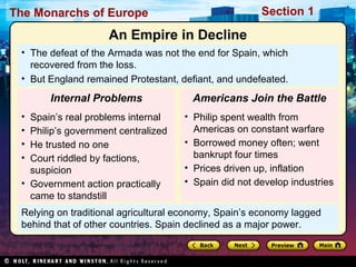 The Monarchs of Europe Section 1
Relying on traditional agricultural economy, Spain’s economy lagged
behind that of other countries. Spain declined as a major power.
• The defeat of the Armada was not the end for Spain, which
recovered from the loss.
• But England remained Protestant, defiant, and undefeated.
• Spain’s real problems internal
• Philip’s government centralized
• He trusted no one
• Court riddled by factions,
suspicion
• Government action practically
came to standstill
Internal Problems
An Empire in Decline
• Philip spent wealth from
Americas on constant warfare
• Borrowed money often; went
bankrupt four times
• Prices driven up, inflation
• Spain did not develop industries
Americans Join the Battle
 