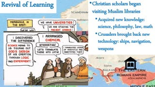 Revival of Learning •Christian scholars began
visiting Muslim libraries
•Acquired new knowledge:
science, philosophy, law, math
•Crusaders brought back new
technology: ships, navigation,
weapons
 
