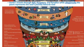 • Dante's travels through Hell, Purgatory, and Paradise while allegorically the
poem represents the soul's journey towards God
 