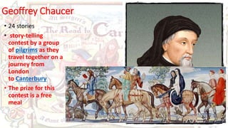Geoffrey Chaucer
• 24 stories
• story-telling
contest by a group
of pilgrims as they
travel together on a
journey from
London
to Canterbury
• The prize for this
contest is a free
meal
 