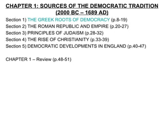 CHAPTER 1: SOURCES OF THE DEMOCRATIC TRADITION
               (2000 BC – 1689 AD)
Section 1) THE GREEK ROOTS OF DEMOCRACY (p.8-19)
Section 2) THE ROMAN REPUBLIC AND EMPIRE (p.20-27)
Section 3) PRINCIPLES OF JUDAISM (p.28-32)
Section 4) THE RISE OF CHRISTIANITY (p.33-39)
Section 5) DEMOCRATIC DEVELOPMENTS IN ENGLAND (p.40-47)

CHAPTER 1 – Review (p.48-51)
 