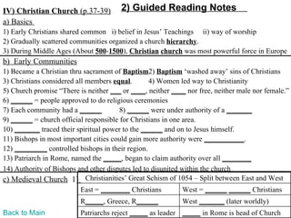 IV) Christian Church (p.37-39)          2) Guided Reading Notes
a) Basics
1) Early Christians shared common i) belief in Jesus’ Teachings ii) way of worship
2) Gradually scattered communities organized a church hierarchy.
3) During Middle Ages (About 500-1500), Christian church was most powerful force in Europe
b) Early Communities
1) Became a Christian thru sacrament of Baptism2) Baptism ‘washed away’ sins of Christians
3) Christians considered all members equal.       4) Women led way to Christianity
5) Church promise “There is neither ___ or ____, neither ____ nor free, neither male nor female.”
6) ______ = people approved to do religious ceremonies
7) Each community had a ______          8) ______ were under authority of a _______
9) ______ = church official responsible for Christians in one area.
10) _______ traced their spiritual power to the ______ and on to Jesus himself.
11) Bishops in most important cities could gain more authority were ___________.
12) _________ controlled bishops in their region.
13) Patriarch in Rome, named the _____, began to claim authority over all ________
14) Authority of Bishops and other disputes led to disunited within the church
c) Medieval Church 1) Christianities’ Great Schism of 1054 – Split between East and West
                          East = ________ Christians        West = ______ ______ Christians
                          R_____, Greece, R______           West _______ (later worldly)
Back to Main              Patriarchs reject _____ as leader _____ in Rome is head of Church
 