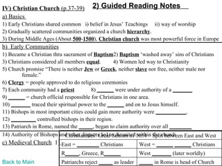 IV) Christian Church (p.37-39)         2) Guided Reading Notes
a) Basics
1) Early Christians shared common i) belief in Jesus’ Teachings ii) way of worship
2) Gradually scattered communities organized a church hierarchy.
3) During Middle Ages (About 500-1500), Christian church was most powerful force in Europe
b) Early Communities
1) Became a Christian thru sacrament of Baptism2) Baptism ‘washed away’ sins of Christians
3) Christians considered all members equal.        4) Women led way to Christianity
5) Church promise “There is neither Jew or Greek, neither slave nor free, neither male nor
         female.”
6) Clergy = people approved to do religious ceremonies
7) Each community had a priest           8) ______ were under authority of a _______
9) ______ = church official responsible for Christians in one area.
10) _______ traced their spiritual power to the ______ and on to Jesus himself.
11) Bishops in most important cities could gain more authority were ___________.
12) _________ controlled bishops in their region.
13) Patriarch in Rome, named the _____, began to claim authority over all ________
14) Authority of Bishops and other disputes led to disunited1054 – Split between East and West
                             Christianities’ Great Schism of within the church
c) Medieval Church 1) East = ________ Christians            West = ______ ______ Christians
                          R_____, Greece, R______           West _______ (later worldly)
Back to Main              Patriarchs reject _____ as leader _____ in Rome is head of Church
 