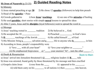 II) Jesus of Nazareth (p.33-35) 2) Guided Reading Notes
b) Ministry
1) Jesus started preaching at age 30         2) He chose 12 apostles (followers) to help him preach
3) Head of the apostles = Peter
4) Crowds gathered to            i) hear Jesus’ teachings           ii) see one of his miracles of healing
5) He used parables, short stories with simple moral lessons to spread his ideas
6) After 3 years, Jesus and his disciples (loyal followers) went to spread the word in                     .
c) Message
1) Jesus’ teaching rooted in              tradition     2) He believed in God.
3) He accepted the 10                                   4) Preached                   to God’s laws
5) D              teachings of the Jewish               6) He called himself         of God
7) His Mission: bring s              salvation and e            life to anyone who b                in him
8) According to Jesus, people’s responsibility were
         i) “love        with all your heart”           ii) “love your neighbor as              ”
         iii) He emphasized forgiveness a) “                your enemies” b)“…turn the other            …”
d) Death & Resurrection                                                                       Back to Main
a) Jesus’ arrival into Jerusalem threatened i) J            religious leaders ii) R        rule
b) Jesus was arrested, found guilty by those threatened by his message and then crucified
c) Gospels claim Jesus           i) rose from the                   ii) appeared to his           .
           iii) told them carry on his              to all nations iv) then              into heaven.
 