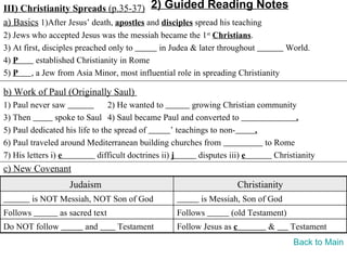 III) Christianity Spreads (p.35-37) 2) Guided Reading Notes
a) Basics 1)After Jesus’ death, apostles and disciples spread his teaching
2) Jews who accepted Jesus was the messiah became the 1st Christians.
3) At first, disciples preached only to      in Judea & later throughout          World.
4) P       established Christianity in Rome
5) P     , a Jew from Asia Minor, most influential role in spreading Christianity

b) Work of Paul (Originally Saul)
1) Paul never saw               2) He wanted to             growing Christian community
3) Then          spoke to Saul 4) Saul became Paul and converted to                      .
5) Paul dedicated his life to the spread of          ’ teachings to non-      .
6) Paul traveled around Mediterranean building churches from                    to Rome
7) His letters i) e          difficult doctrines ii) j        disputes iii) e      Christianity
c) New Covenant
                    Judaism                                             Christianity
          is NOT Messiah, NOT Son of God                    is Messiah, Son of God
Follows          as sacred text                     Follows          (old Testament)
Do NOT follow           and       Testament         Follow Jesus as c           &      Testament
                                                                                        Back to Main
 