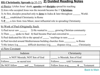 III) Christianity Spreads (p.35-37) 2) Guided Reading Notes
a) Basics 1)After Jesus’ death, apostles and disciples spread his teaching
2) Jews who accepted Jesus was the messiah became the 1st Christians.
3) At first, disciples preached only to Jews in Judea & later throughout          World.
4) P       established Christianity in Rome
5) P     , a Jew from Asia Minor, most influential role in spreading Christianity

b) Work of Paul (Originally Saul)
1) Paul never saw               2) He wanted to             growing Christian community
3) Then          spoke to Saul 4) Saul became Paul and converted to                      .
5) Paul dedicated his life to the spread of          ’ teachings to non-      .
6) Paul traveled around Mediterranean building churches from                    to Rome
7) His letters i) e          difficult doctrines ii) j        disputes iii) e      Christianity
c) New Covenant
                    Judaism                                             Christianity
          is NOT Messiah, NOT Son of God                    is Messiah, Son of God
Follows          as sacred text                     Follows          (old Testament)
Do NOT follow           and       Testament         Follow Jesus as c           &      Testament
                                                                                        Back to Main
 