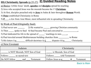 III) Christianity Spreads (p.35-37) 2) Guided Reading Notes
a) Basics 1)After Jesus’ death, apostles and disciples spread his teaching
2) Jews who accepted Jesus was the messiah became the 1st Christians.
3) At first, disciples preached only to Jews in Judea & later throughout Roman World.
4) Peter established Christianity in Rome
5) P     , a Jew from Asia Minor, most influential role in spreading Christianity

b) Work of Paul (Originally Saul)
1) Paul never saw               2) He wanted to             growing Christian community
3) Then          spoke to Saul 4) Saul became Paul and converted to                      .
5) Paul dedicated his life to the spread of          ’ teachings to non-      .
6) Paul traveled around Mediterranean building churches from                    to Rome
7) His letters i) e          difficult doctrines ii) j        disputes iii) e      Christianity
c) New Covenant
                    Judaism                                             Christianity
          is NOT Messiah, NOT Son of God                    is Messiah, Son of God
Follows          as sacred text                     Follows          (old Testament)
Do NOT follow           and       Testament         Follow Jesus as c           &      Testament
                                                                                        Back to Main
 