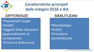Caratteristiche principali 
delle indagini OCSE e IEA 
DIFFERENZE SIMILITUDINI 
•Popolazioni target 
•Ambiti 
•Oggetti delle rilevazioni 
(apprendimenti vs. 
competenze) 
•Struttura delle prove 
•Metodologia 
•Ambiti 
•Procedure 
standardizzate 
 