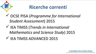 Ricerche correnti 
 OCSE PISA (Programme for International 
Student Assessment) 2015 
 IEA TIMSS (Trends in International 
Mathematics and Science Study) 2015 
 IEA TIMSS ADVANCED 2015 
 