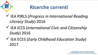 Ricerche correnti 
 IEA PIRLS (Progress in International Reading 
Literacy Study) 2016 
 IEA ICCS (International Civic and Citizenship 
Study) 2016 
 IEA ECES (Early Childhood Education Study) 
2017 
 