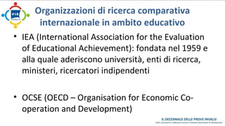 Organizzazioni di ricerca comparativa 
internazionale in ambito educativo 
• IEA (International Association for the Evaluation 
of Educational Achievement): fondata nel 1959 e 
alla quale aderiscono università, enti di ricerca, 
ministeri, ricercatori indipendenti 
• OCSE (OECD – Organisation for Economic Co-operation 
and Development) 
 