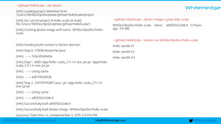 WhiteHedge
@thewhitehedgeinfo@WhiteHedge.comWhiteHedge.com/docker-microservices/
~/github/HelloScala > sbt docker
[info] Loading project definition from
/Users/WHDevOpsDevphale/github/HelloScala/project
[info] Set current project to hello-scala (in build
file:/Users/WHDevOpsDevphale/github/HelloScala/)
[info] Creating docker image with name: 'WHDevOpsDev/hello-
scala'
:
[info] Sending build context to Docker daemon
[info] Step 0 : FROM dockerfile/java
[info] ---> 1126c85d8a06
[info] Step 1 : ADD /app/hello-scala_2.11-1.4-one-jar.jar /app/hello-
scala_2.11-1.4-one-jar.jar
[info] ---> Using cache
[info] ---> 61871958f108
[info] Step 2 : ENTRYPOINT java -jar /app/hello-scala_2.11-1.4-
one-jar.jar
[info] ---> Using cache
[info] ---> a8005b32ddc4
[info] Successfully built a8005b32ddc4
[info] Successfully built Docker image: WHDevOpsDev/hello-scala
[success] Total time: 1 s, completed Mar 3, 2015 2:10:04 PM
~/github/HelloScala > docker images | grep hello-scala
WHDevOpsDev/hello-scala latest a8005b32ddc4 12 hours
ago 715 MB
~/github/HelloScala > docker run WHDevOpsDev/hello-scala
Hello, world! #1
Hello, world! #2
Hello, world! #3
 
