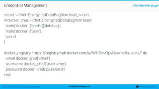 WhiteHedge
@thewhitehedgeinfo@WhiteHedge.comWhiteHedge.com/docker-microservices/
Credential Management
secret = Chef::EncryptedDataBagItem.load_secret
@docker_cred = Chef::EncryptedDataBagItem.load(
node['docker']['creds']['databag'],
node['docker']['user'],
secret
)
docker_registry WHDevOpsDev/hello-scala
email docker_cred['email']
username docker_cred['username']
password docker_cred['password']
end
 