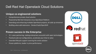 Dell - Internal Use - Confidential
Dell Red Hat Openstack Cloud Solutions
Unique co-engineered solutions
• Comprehensive private cloud solution
• Powered by Red Hat Enterprise Linux OpenStack Platform
• Extending and enhancing multiple OpenStack projects, all code up-streamed
• Building value-add extensions - Docker/Ceph/OpenShift
Proven success in the Enterprise
• 15 + years partnering, making enterprises successful with open technologies
• Practical scale out configurations, accelerate your time to value
• Extended lifecycle support covering the entire solution
• Proven platforms, leader in price-performance
 