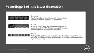Dell - Internal Use - Confidential
PowerEdge 13G: the latest Generation
R730xd
R730
A 2 socket, 2U rack server with support for multiple GPUs or
accelerator cards, the R730 offers tremendous performance and
flexibility for even the most demanding datacenters.R730
R730xd
A performance 2 socket server designed for maximum storage
flexibility and scale-out efficiency in 2U of rack space.
R630
Packing all of the performance of an enterprise-class 2 socket server in just 1U of rack
space, the R630 delivers incredible resource density for your datacenter while still offering
highly flexible scalability.
R630
 