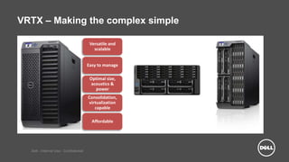 Dell - Internal Use - Confidential
VRTX – Making the complex simple
Consolidation,
virtualization
capable
Optimal size,
acoustics &
power
Easy to manage
Affordable
Versatile and
scalable
 