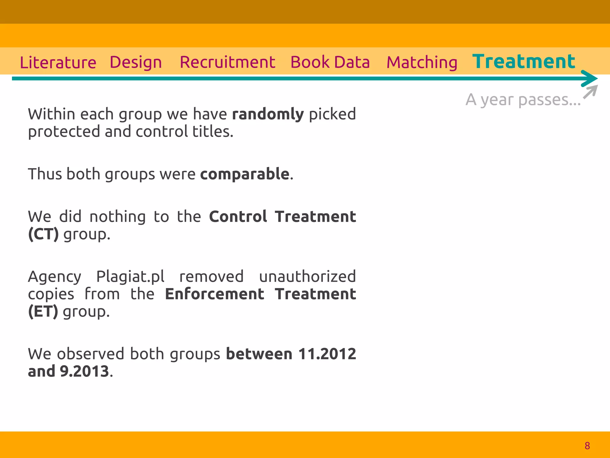 Within each group we have randomly picked protected and control titles. 
Thus both groups were comparable. 
We did nothing to the Control Treatment (CT) group. 
Agency Plagiat.pl removed unauthorized copies from the Enforcement Treatment (ET) group. 
We observed both groups between 11.2012 and 9.2013. 
8 
Design 
Recruitment 
Book Data 
Literature 
Matching 
A year passes... 
Treatment  
