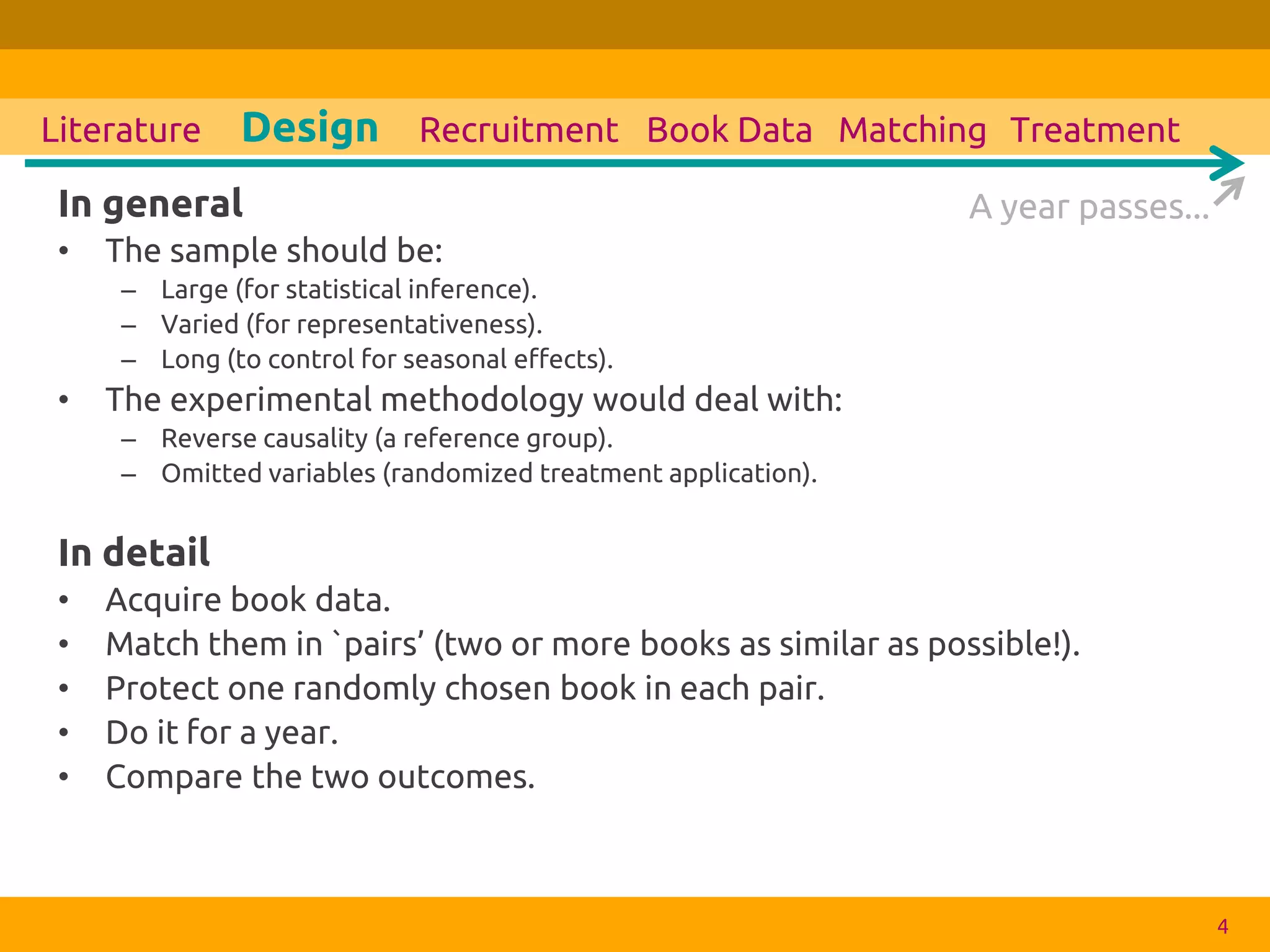 In general 
•The sample should be: 
–Large (for statistical inference). 
–Varied (for representativeness). 
–Long (to control for seasonal effects). 
•The experimental methodology would deal with: 
–Reverse causality (a reference group). 
–Omitted variables (randomized treatment application). 
In detail 
•Acquire book data. 
•Match them in `pairs’ (two or more books as similar as possible!). 
•Protect one randomly chosen book in each pair. 
•Do it for a year. 
•Compare the two outcomes. 
4 
Design 
Recruitment 
Book Data 
Literature 
Matching 
Treatment 
A year passes...  