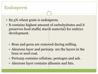 Endosperm
 82.5% wheat grain is endosperm.
 It contains highest amount of carbohydrates and it
preserves food stuffs( starch material) for embryo
development.
 Bran and germ are removed during milling.
 Aleurone layer and pericarp are the layers in the
bran or seed coat.
 Pericarp contains cellulose, pentogen and ash .
 Aleurone layer contains albumin and fats.
 