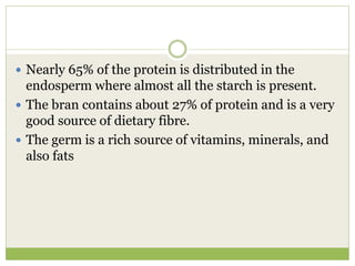  Nearly 65% of the protein is distributed in the
endosperm where almost all the starch is present.
 The bran contains about 27% of protein and is a very
good source of dietary fibre.
 The germ is a rich source of vitamins, minerals, and
also fats
 