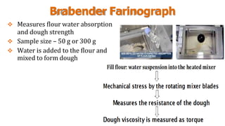 Brabender Farinograph
 Measures flour water absorption
and dough strength
 Sample size – 50 g or 300 g
 Water is added to the flour and
mixed to form dough
 