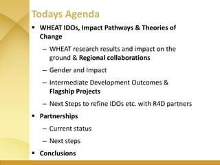Todays Agenda
 WHEAT IDOs, Impact Pathways & Theories of
Change
– WHEAT research results and impact on the
ground & Regio...