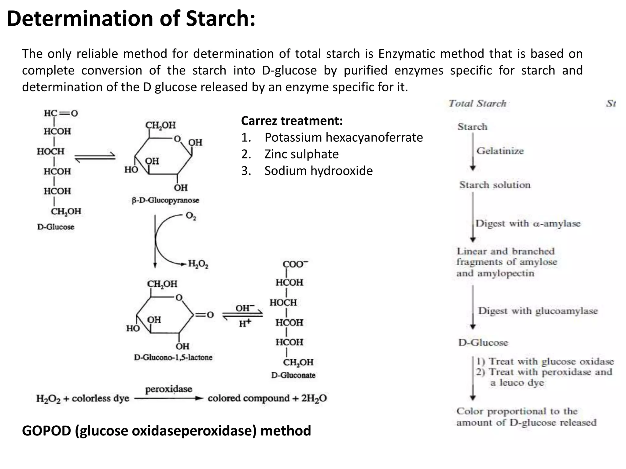 Determination of Starch:
The only reliable method for determination of total starch is Enzymatic method that is based on
complete conversion of the starch into D-glucose by purified enzymes specific for starch and
determination of the D glucose released by an enzyme specific for it.
GOPOD (glucose oxidaseperoxidase) method
Carrez treatment:
1. Potassium hexacyanoferrate
2. Zinc sulphate
3. Sodium hydrooxide
 