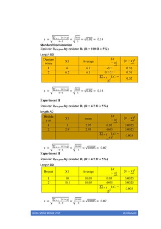 WHEATSTONE BRIDGE UTUT MUHAMMAD
𝑠 = √
∑ 𝑠
𝑡 = 1 (𝑥1−𝑥)
𝑛−1
= √
0.02
1
= √0.02 = 0.14
Standard Devisionation
Resistor Rx is given by resistor R1 (R = 100 Ω ± 5%)
Length BD
Deutero
nomy
X1 Average
(𝑥
− 𝑥)
(𝑥 − 𝑥)2
1 6 6.1 -0.1 0.01
2 6.2 6.1 0.1 0.1 0.01
∑ 𝑠
𝑡 = 1 (𝑥1 −
𝑥)2 0.02
𝑠 = √
∑ 𝑠
𝑡 = 1 (𝑥1−𝑥)
𝑛−1
= √
0.02
1
= √0.02 = 0.14
Experiment II
Resistor Rx is given by resistor R2 (R = 4.7 Ω ± 5%)
length AD
Birthda
y an
X1 mean
(𝑥
− 𝑥)
(𝑥 − 𝑥)2
1 3 2.95 0.05 0.0025
2 2.9 2.95 -0.05 0.0025
∑ 𝑠
𝑡 = 1 (𝑥1 −
x)2 0.005
𝑠 = √
∑ 𝑠
𝑡 = 1 (𝑥1−𝑥)
𝑛−1
= √
0.005
1
= √0.005 = 0.07
Experiment II
Resistor Rx is given by resistor R2 (R = 4.7 Ω ± 5%)
Length BD
Repeat X1 Average
(𝑥
− 𝑥)
(𝑥 − 𝑥)2
1 10 10.05 0.05 0.0025
2 10.1 10.05 -0.05 0.0025
∑ 𝑠
𝑡 = 1 (𝑥1 −
𝑥)2 0.005
𝑠 = √
∑ 𝑠
𝑡 = 1 (𝑥1−𝑥)
𝑛−1
= √
0.005
1
= √0.005 = 0.07
 