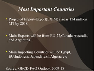 Most Important Countries  Projected Import-Export(EXIM) size is 134 million MT by 2018 . Main Exports will be from EU-27,Canada,Australia, and Argentina. Main Importing Countries will be Egypt, EU,Indonesia,Japan,Brazil,Algeria etc Source: OECD-FAO Outlook 2009-18  