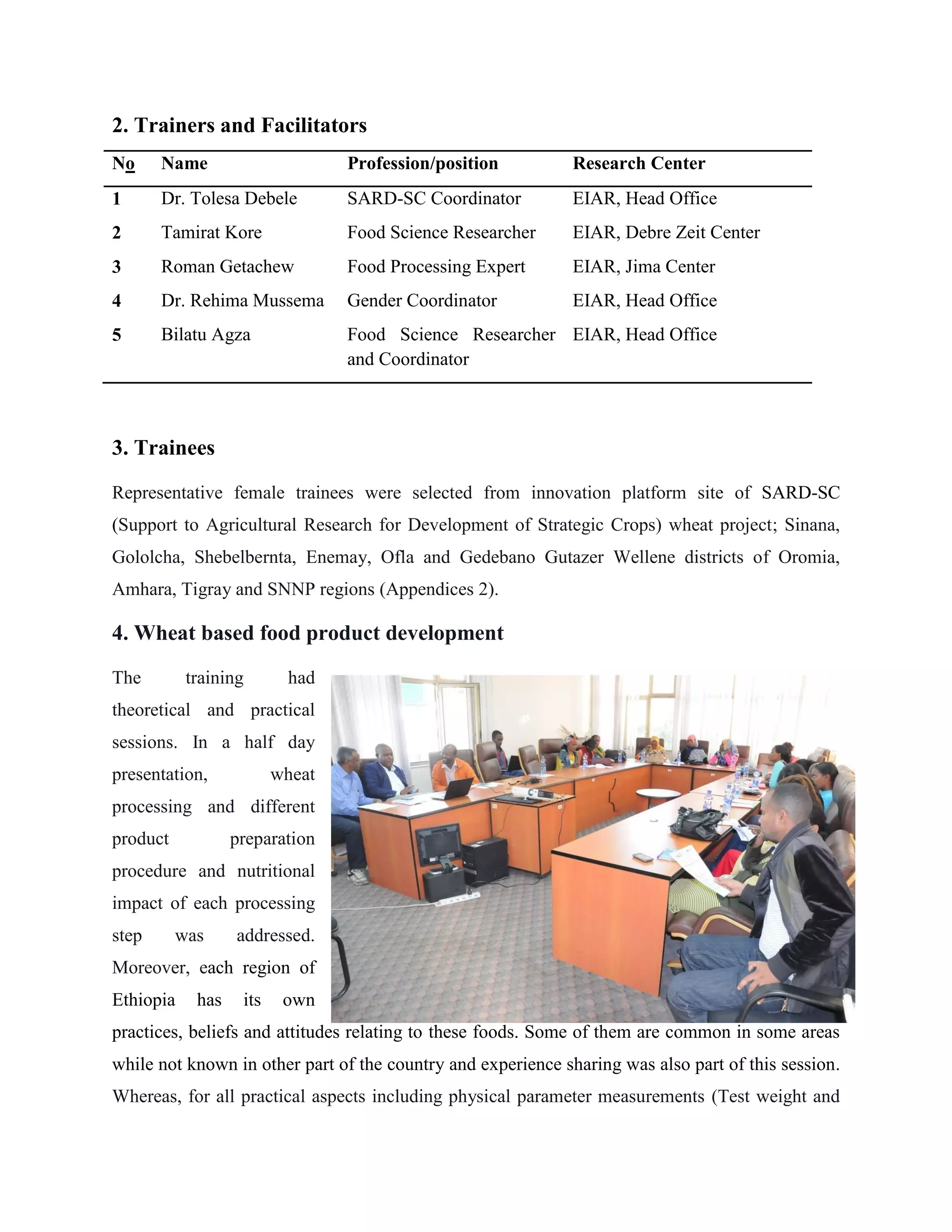 2. Trainers and Facilitators
No Name Profession/position Research Center
1 Dr. Tolesa Debele SARD-SC Coordinator EIAR, Head Office
2 Tamirat Kore Food Science Researcher EIAR, Debre Zeit Center
3 Roman Getachew Food Processing Expert EIAR, Jima Center
4 Dr. Rehima Mussema Gender Coordinator EIAR, Head Office
5 Bilatu Agza Food Science Researcher
and Coordinator
EIAR, Head Office
3. Trainees
Representative female trainees were selected from innovation platform site of SARD-SC
(Support to Agricultural Research for Development of Strategic Crops) wheat project; Sinana,
Gololcha, Shebelbernta, Enemay, Ofla and Gedebano Gutazer Wellene districts of Oromia,
Amhara, Tigray and SNNP regions (Appendices 2).
4. Wheat based food product development
The training had
theoretical and practical
sessions. In a half day
presentation, wheat
processing and different
product preparation
procedure and nutritional
impact of each processing
step was addressed.
Moreover, each region of
Ethiopia has its own
practices, beliefs and attitudes relating to these foods. Some of them are common in some areas
while not known in other part of the country and experience sharing was also part of this session.
Whereas, for all practical aspects including physical parameter measurements (Test weight and
 