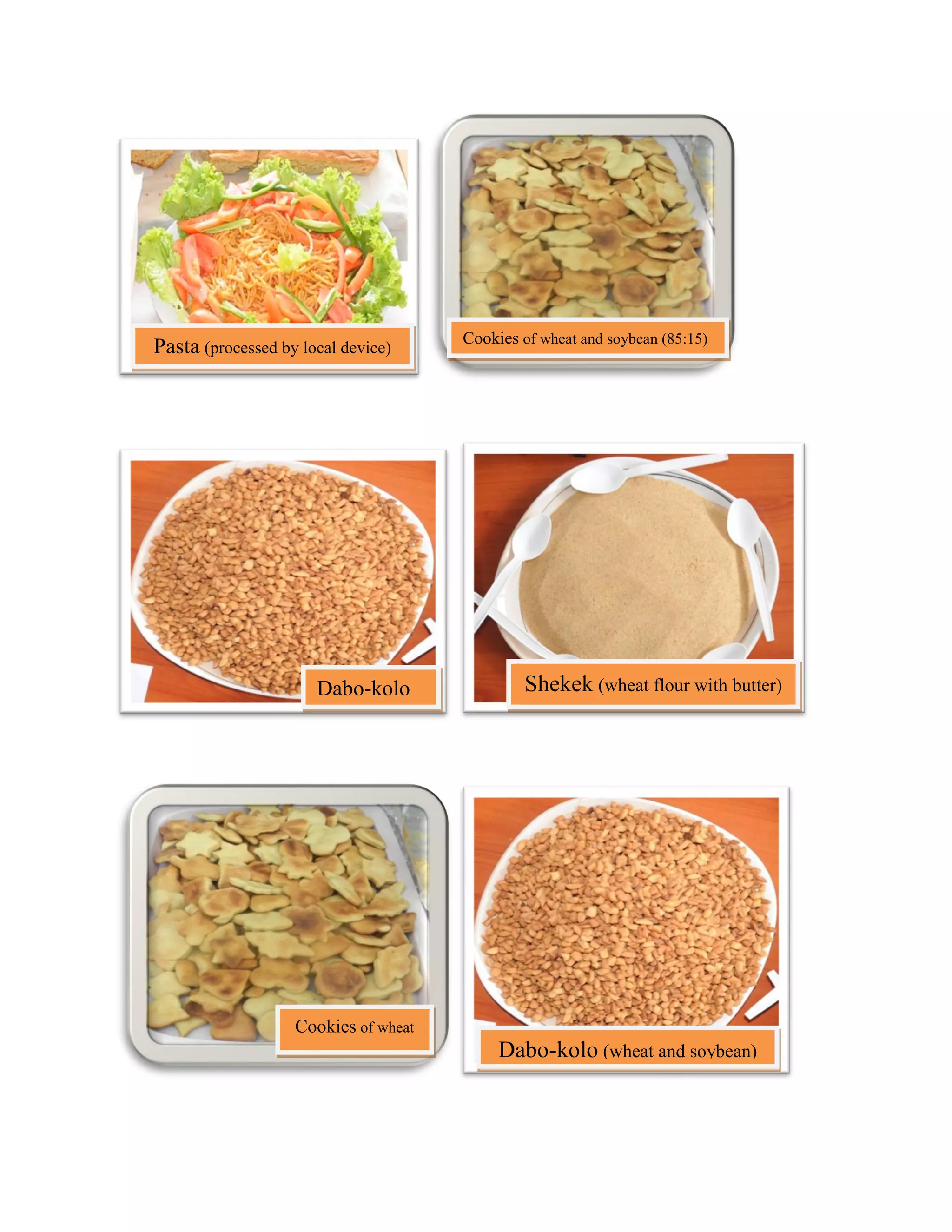 Pasta (processed by local device)
Cookies of wheat and soybean (85:15)
Dabo-kolo Shekek (wheat flour with butter)
Cookies of wheat
Dabo-kolo (wheat and soybean)
 