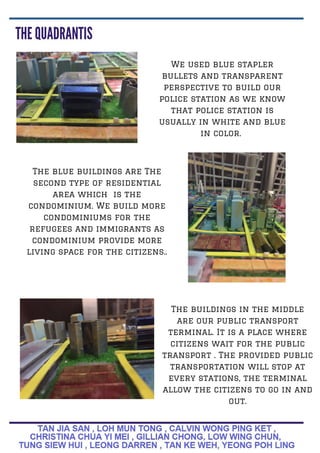 We used blue stapler
bullets and transparent
perspective to build our
police station as we know
that police station is
usually in white and blue
in color.
The blue buildings are The
second type of residential
area which is the
condominium. We build more
condominiums for the
refugees and immigrants as
condominium provide more
living space for the citizens..
The buildings in the middle
are our public transport
terminal. It is a place where
citizens wait for the public
transport . The provided public
transportation will stop at
every stations, the terminal
allow the citizens to go in and
out.
 