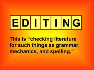 E D I T I N G This is “checking literature for such things as grammar, mechanics, and spelling.” 